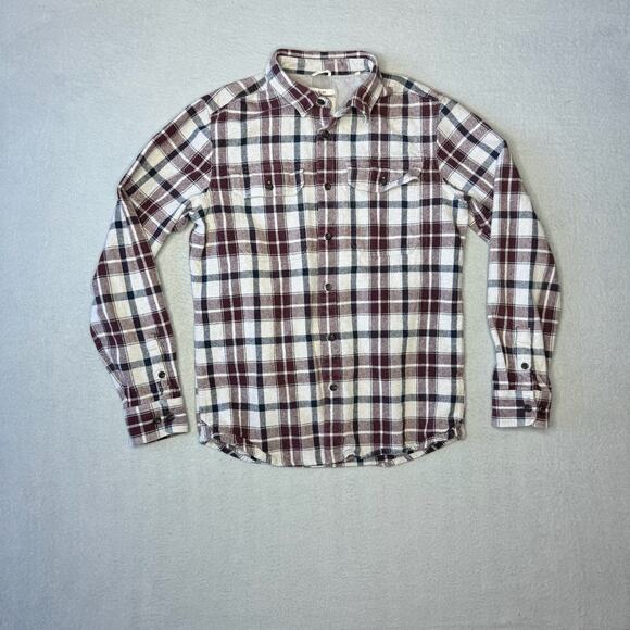 prAna Men's Wedgemont Slim Flannel Shirt Organic Cotton Ivory & Burgundy - Small - Picture 2 of 9